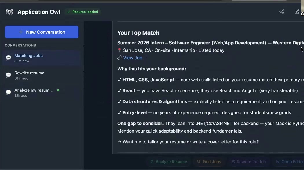 Application Owl job matching showing a top match with skill-by-skill breakdown