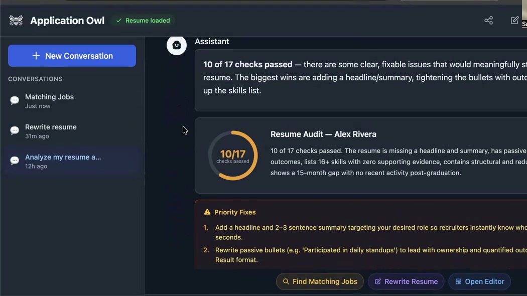 Application Owl resume analysis showing a detailed audit with scores and priority fixes