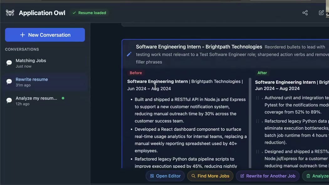 Application Owl resume rewrite showing before and after comparison